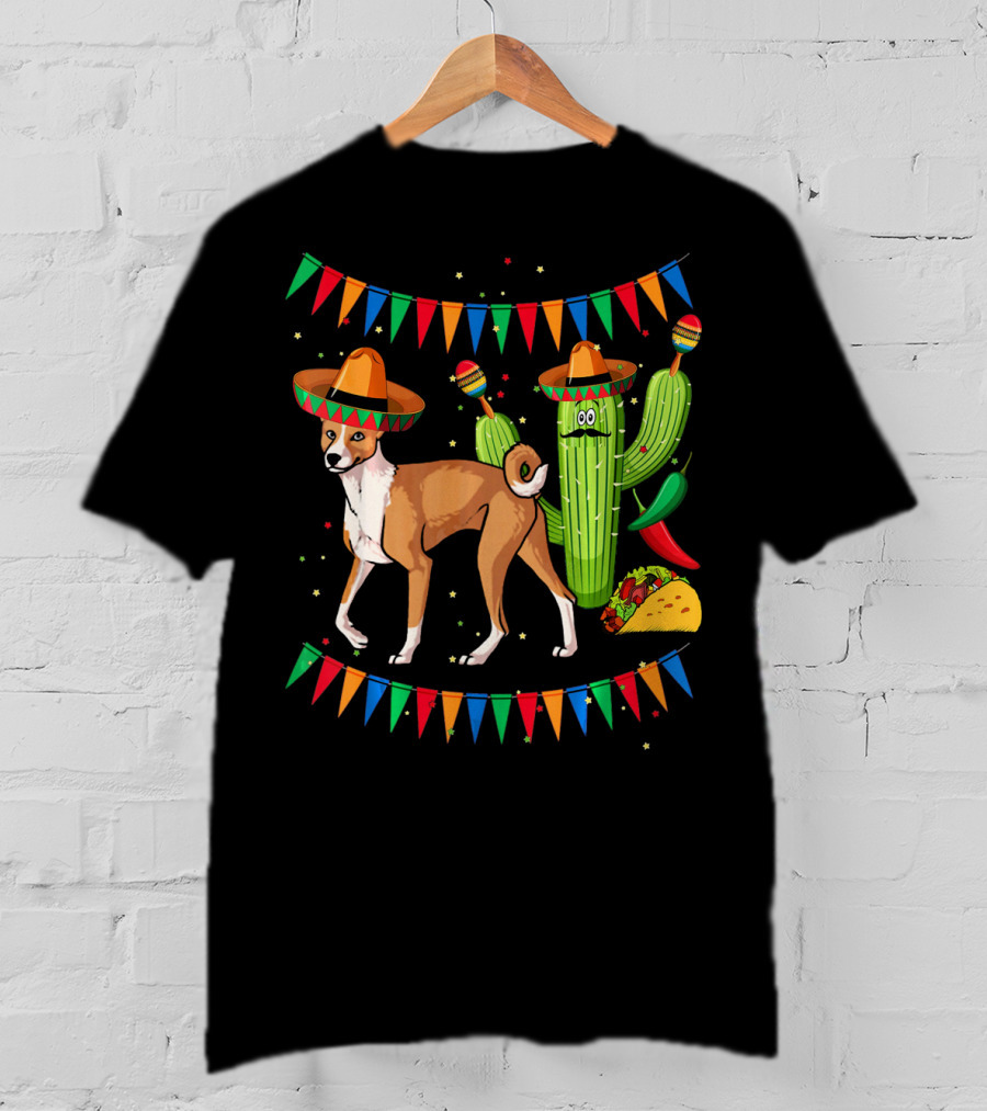 Sombrero Basenji Dog And Cactus Mexico Cinco De May Fiesta Elements T-Shirt