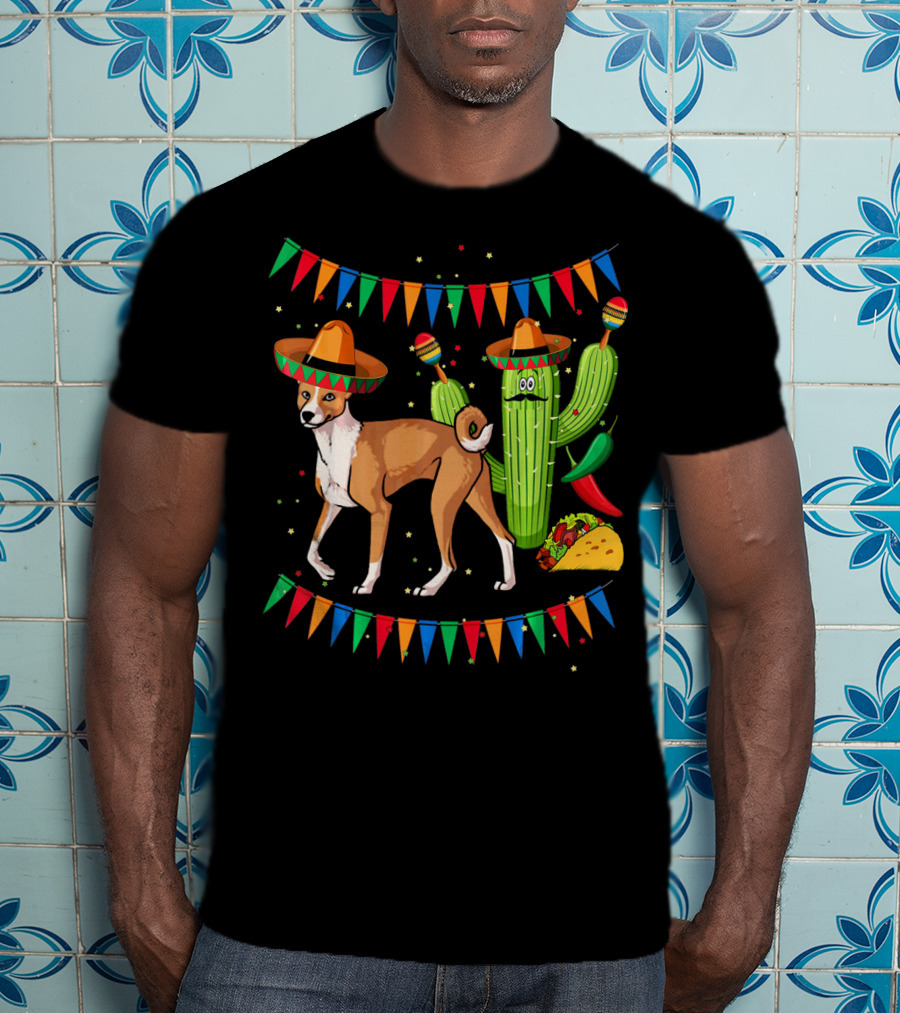 Sombrero Basenji Dog And Cactus Mexico Cinco De May Fiesta Elements T-Shirt