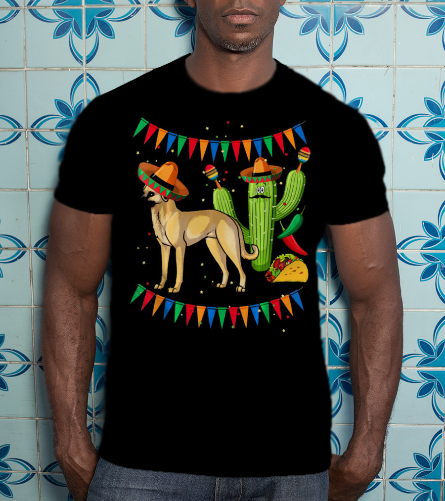 Sombrero-Clad Anatolian Shepherd Dog With Mexican Cactus And Taco Fiesta Banners T-Shirt