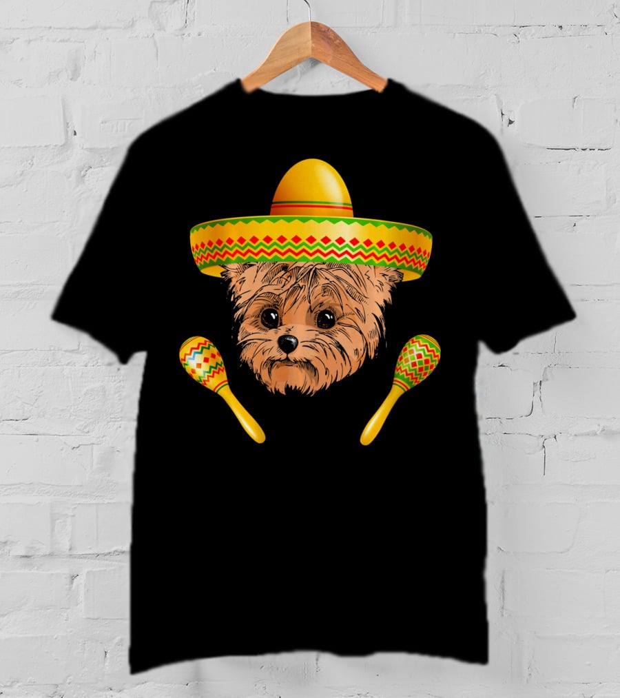 Funny Cinco De Mayo Yorkie Sombrero Maracas T-Shirt