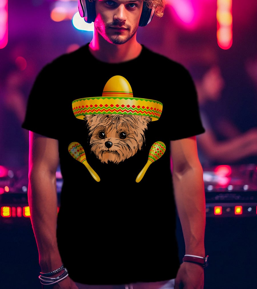 Funny Cinco De Mayo Yorkie Sombrero Maracas T-Shirt