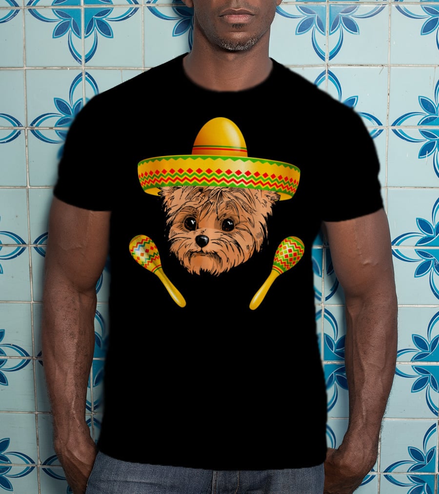 Funny Cinco De Mayo Yorkie Sombrero Maracas T-Shirt