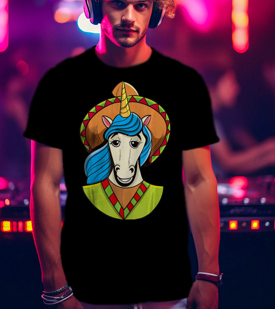 Hispanic Unicorn In Sombrero With Colorful Mane For Cinco T-Shirt