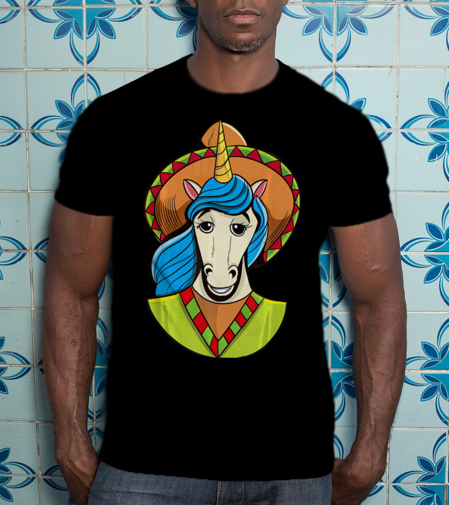 Hispanic Unicorn In Sombrero With Colorful Mane For Cinco T-Shirt