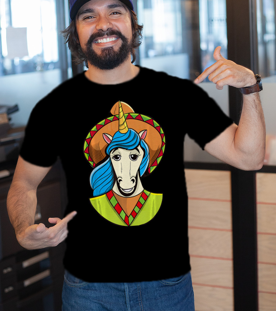 Hispanic Unicorn In Sombrero With Colorful Mane For Cinco T-Shirt