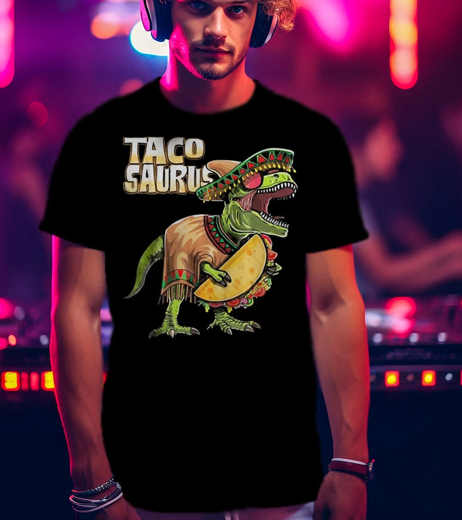 Tacosaurus Dinosaur Wearing Sombrero And Serape Holding Taco T-Shirt