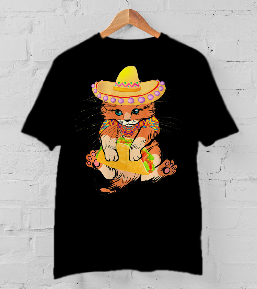 Cinco De Mayo Funny Cat In Sombrero Holding Taco T-Shirt