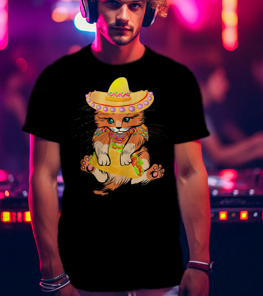 Cinco De Mayo Funny Cat In Sombrero Holding Taco T-Shirt