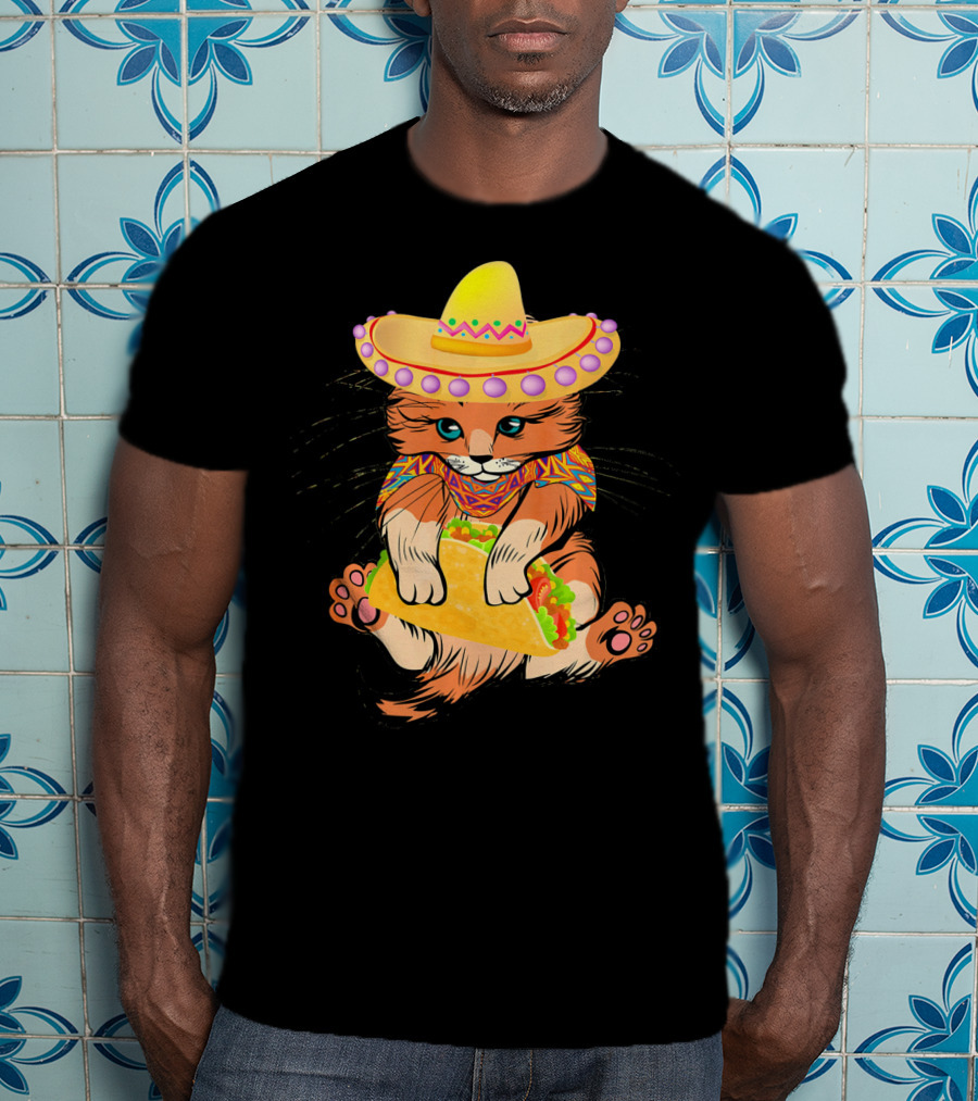 Cinco De Mayo Funny Cat In Sombrero Holding Taco T-Shirt
