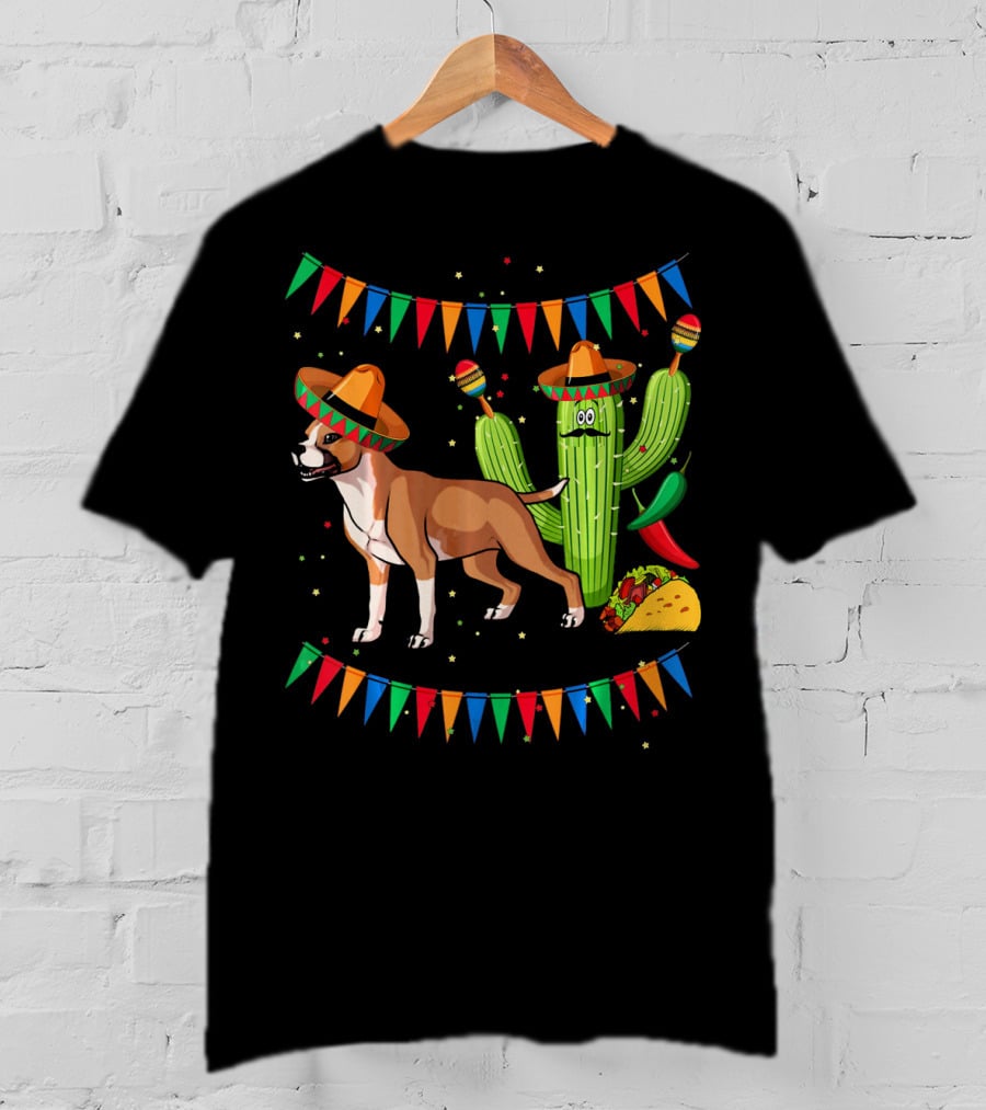 Cinco Sombrero Staffordshire Terrier Dog With Festive Cactus And Taco T-Shirt