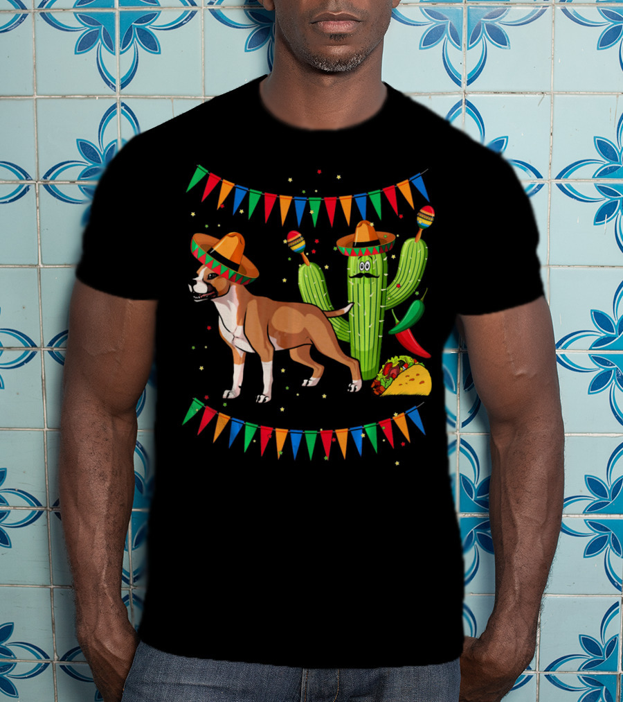 Cinco Sombrero Staffordshire Terrier Dog With Festive Cactus And Taco T-Shirt