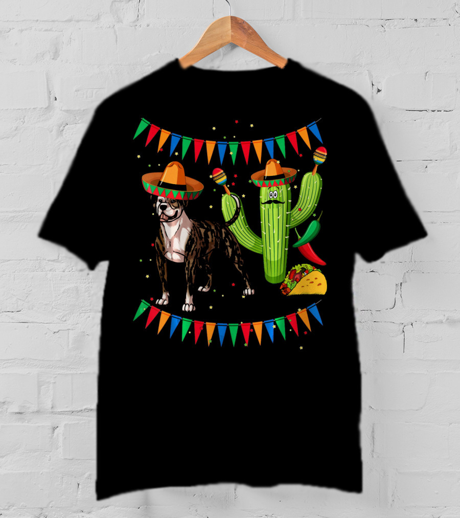 Sombrero American Bulldog Dog Mexico Cactus Chili Taco Fiesta T-Shirt
