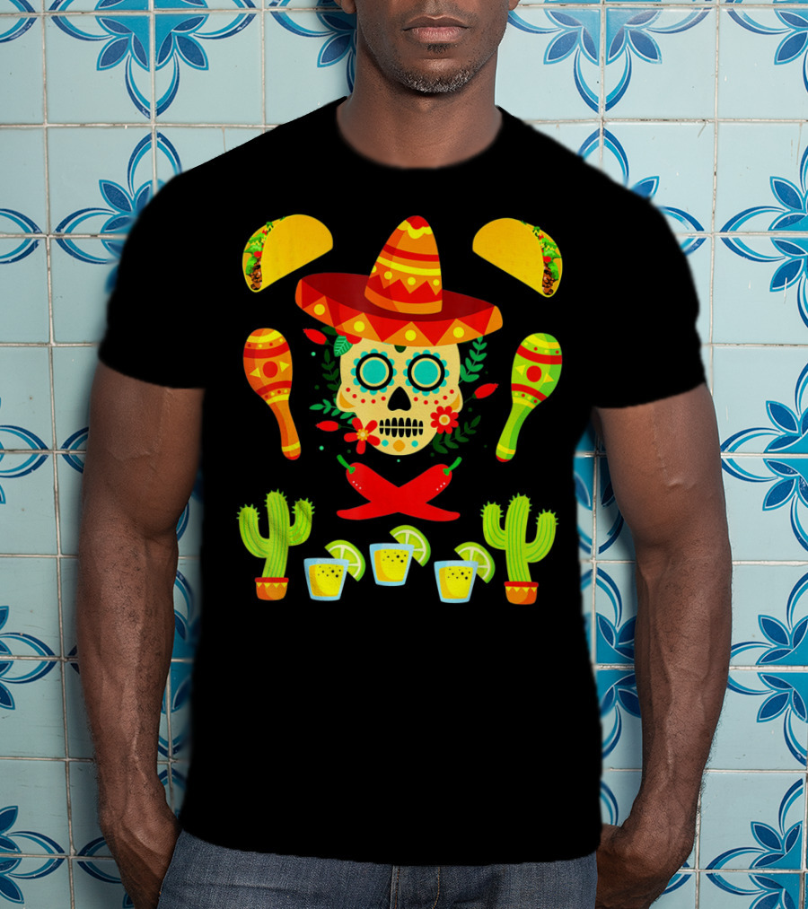 Festive Cinco De Mayo Sombrero Skull With Tacos And Maracas T-Shirt