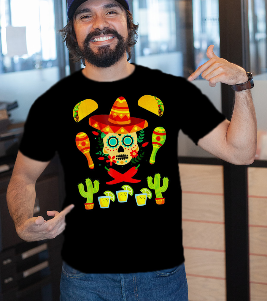 Festive Cinco De Mayo Sombrero Skull With Tacos And Maracas T-Shirt