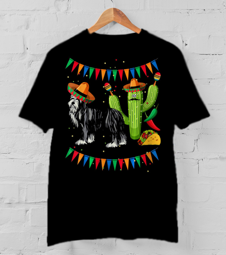 Sombrero Bearded Collie Dog Cactus Fiesta Mexico Cinco De Mayo Flags Taco Maracas T-Shirt