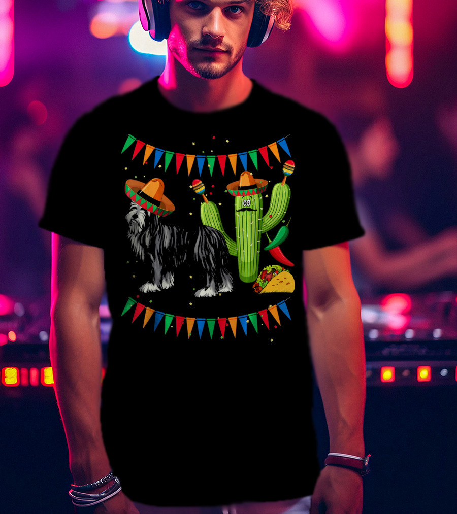 Sombrero Bearded Collie Dog Cactus Fiesta Mexico Cinco De Mayo Flags Taco Maracas T-Shirt