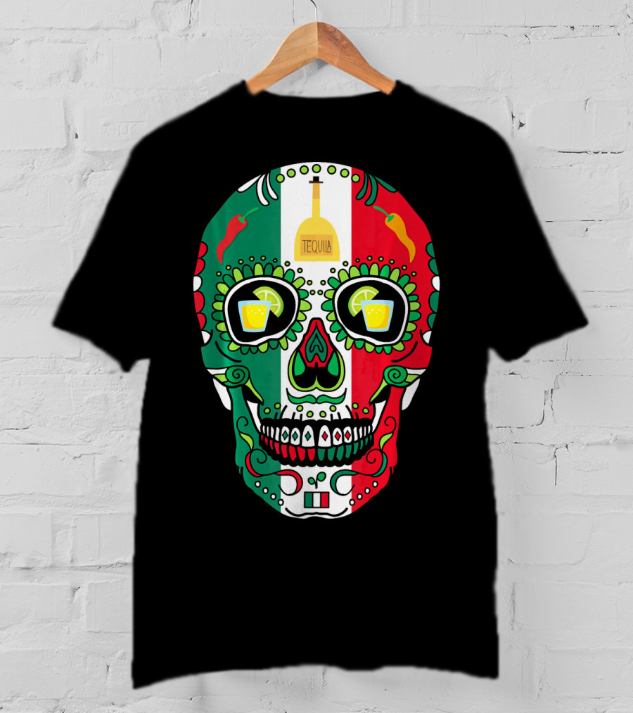 Mexican Cinco De Mayo Tequila Skull With Flag Colors And Chili Peppers T-Shirt