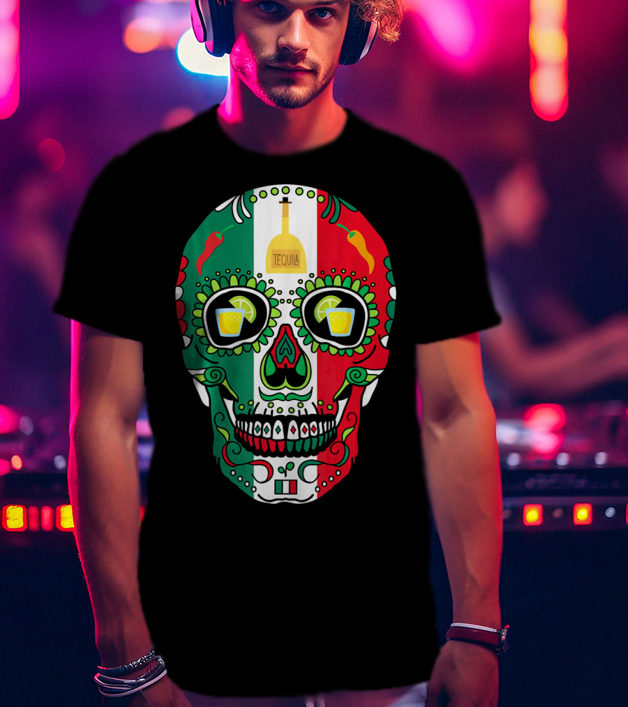 Mexican Cinco De Mayo Tequila Skull With Flag Colors And Chili Peppers T-Shirt