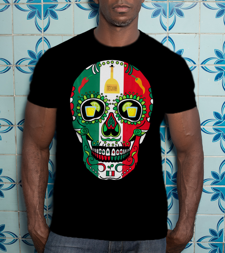 Mexican Cinco De Mayo Tequila Skull With Flag Colors And Chili Peppers T-Shirt