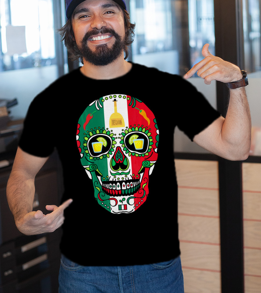 Mexican Cinco De Mayo Tequila Skull With Flag Colors And Chili Peppers T-Shirt