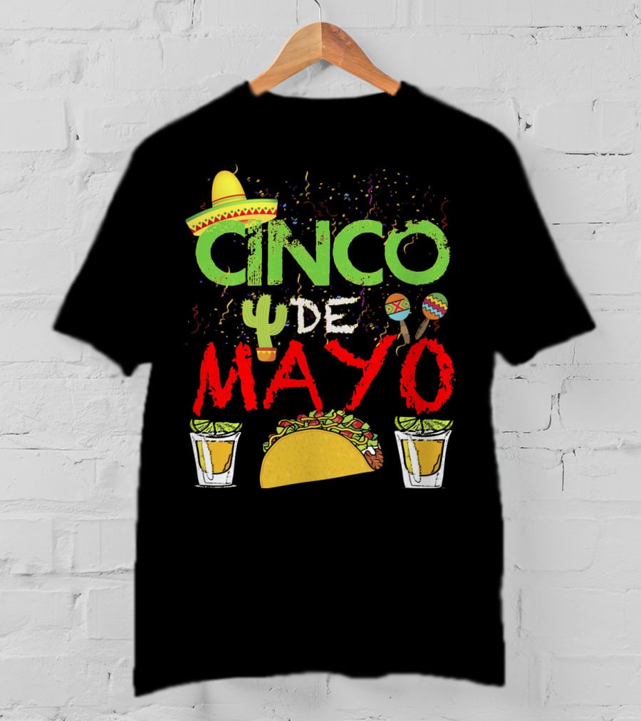 Cinco De Mayo Sombrero Maracas Taco Cactus Drinks Fiesta T-Shirt
