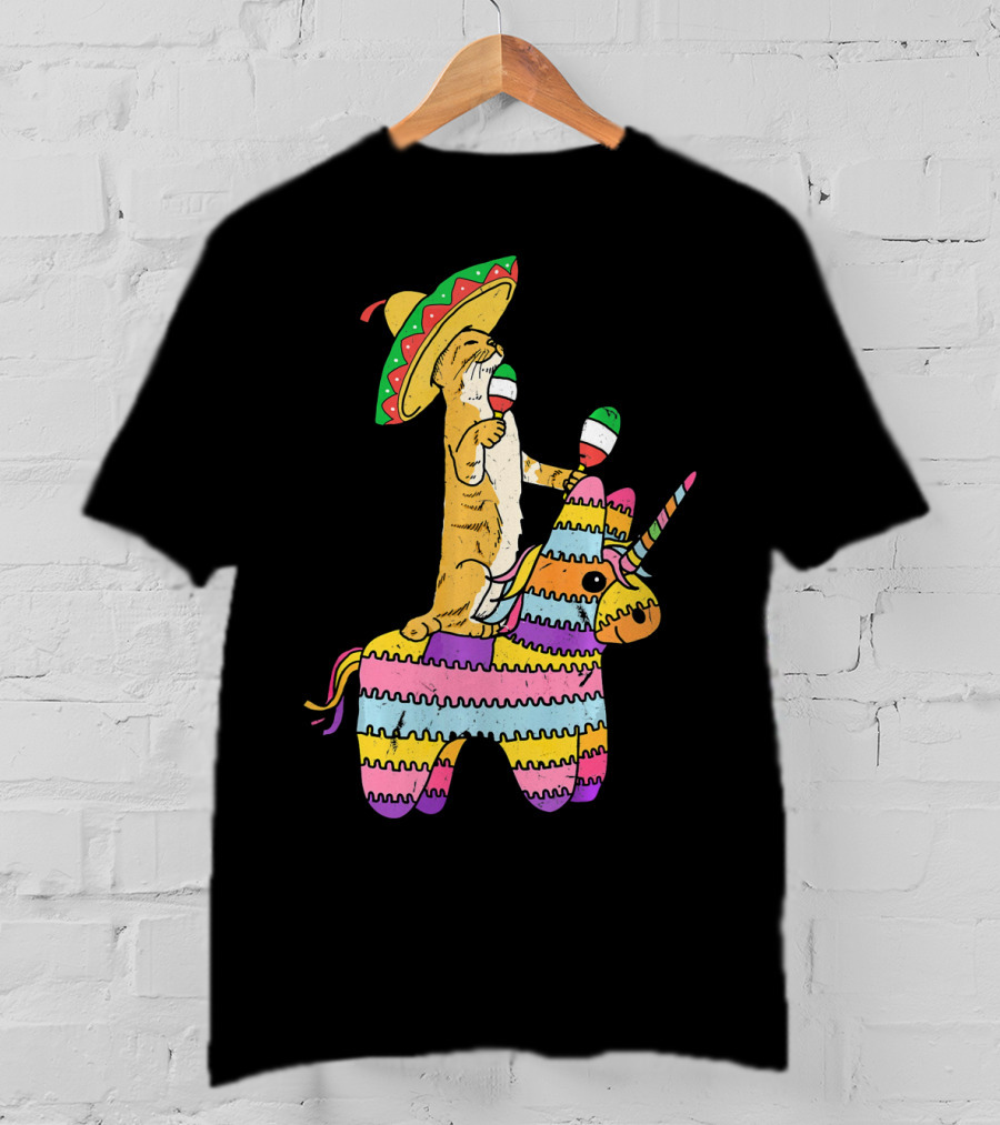 Cinco De Meow Cat Riding Colorful Unicorn Pinata With Sombrero And Maracas T-Shirt