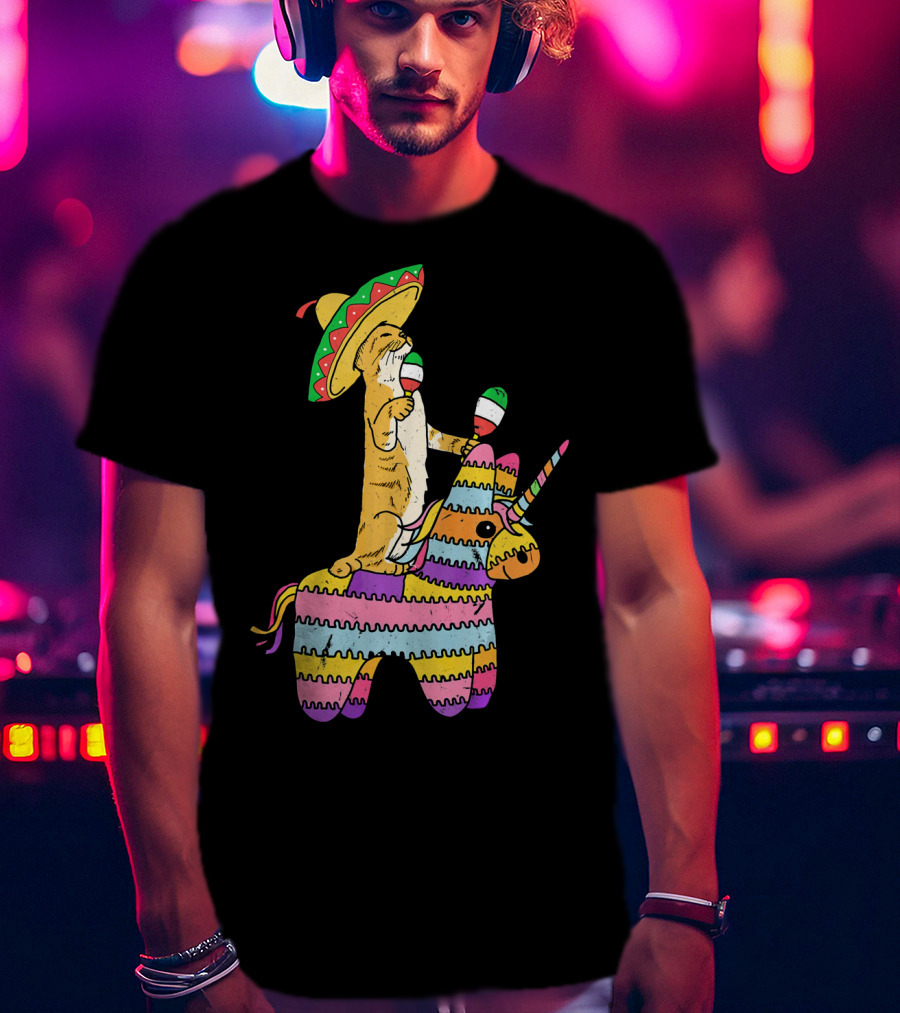 Cinco De Meow Cat Riding Colorful Unicorn Pinata With Sombrero And Maracas T-Shirt