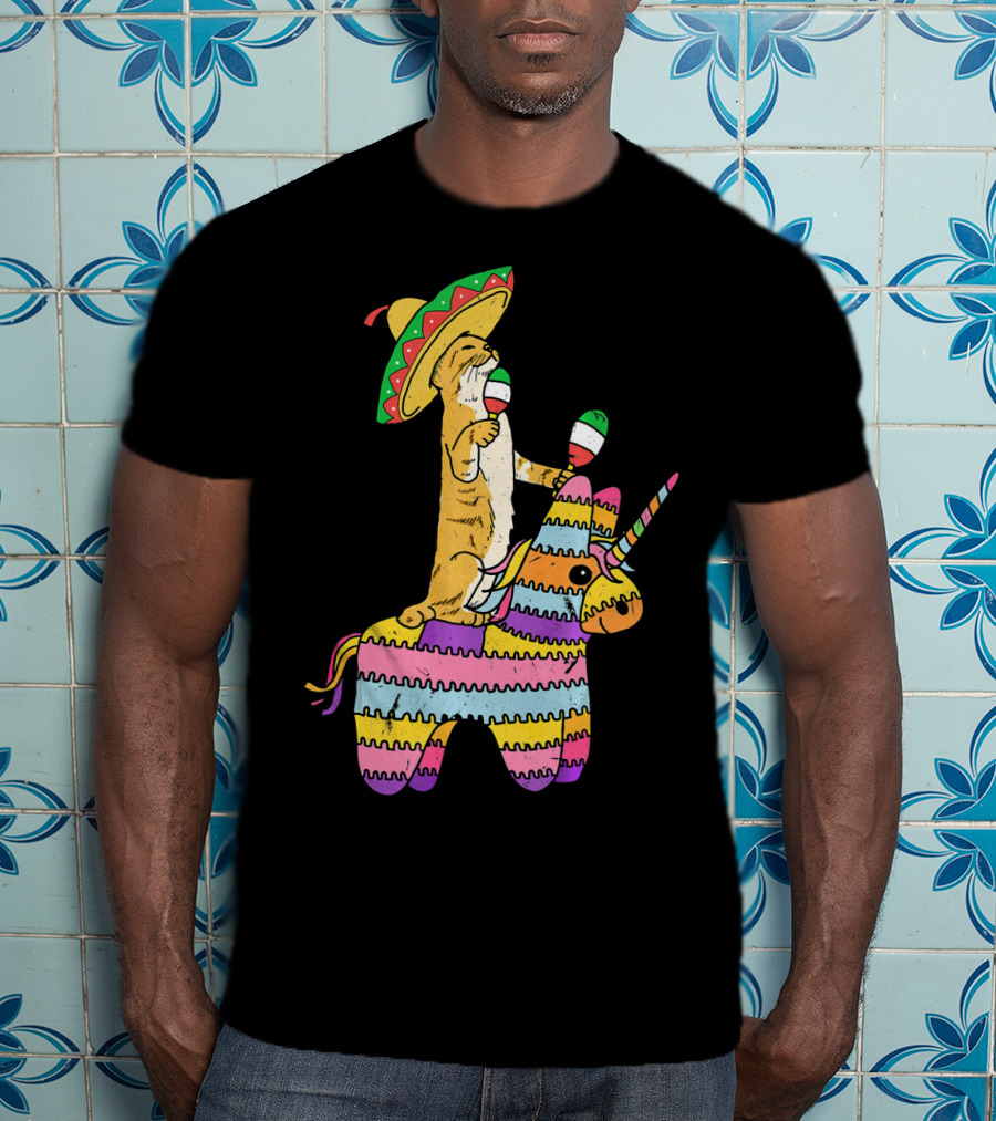 Cinco De Meow Cat Riding Colorful Unicorn Pinata With Sombrero And Maracas T-Shirt