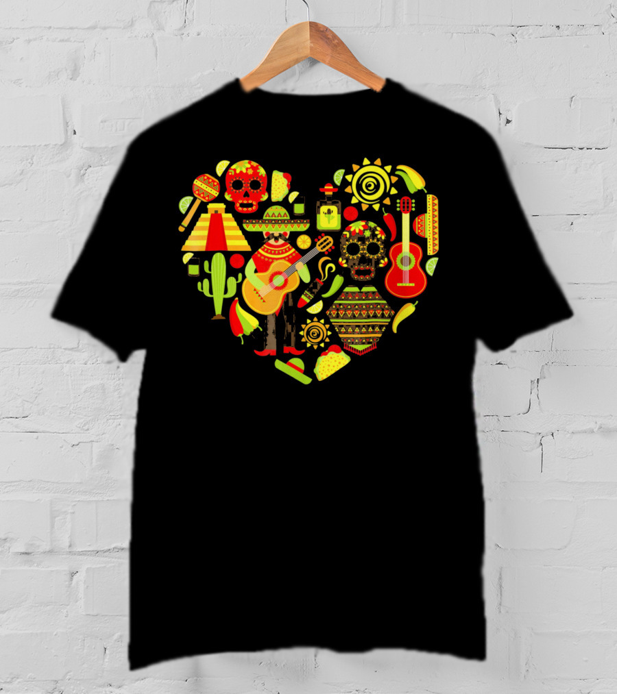 Cinco De Mayo Love Skull Guitar Cactus Sombrero Heart T-Shirt