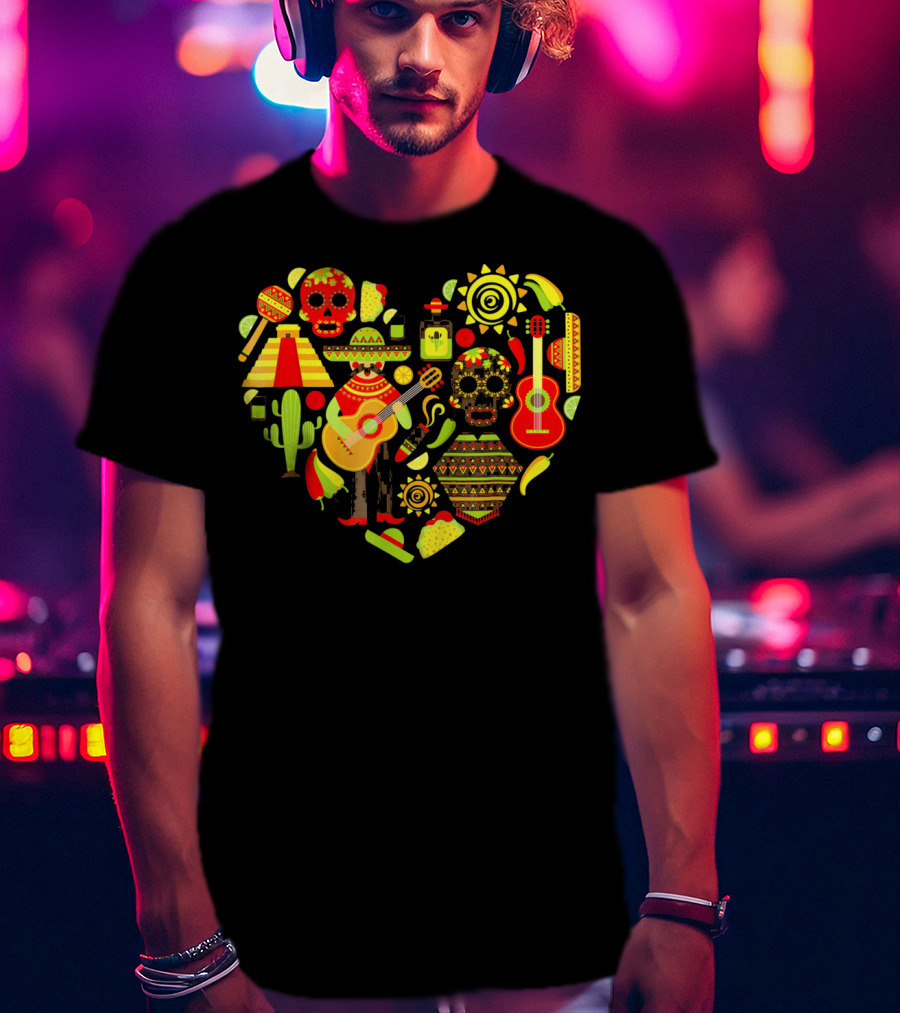 Cinco De Mayo Love Skull Guitar Cactus Sombrero Heart T-Shirt