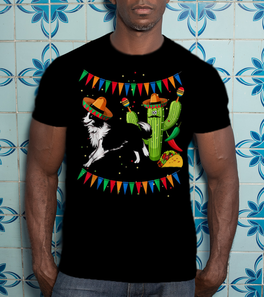 Sombrero Border Collie Dog Cactus Taco Mexico Cinco T-Shirt