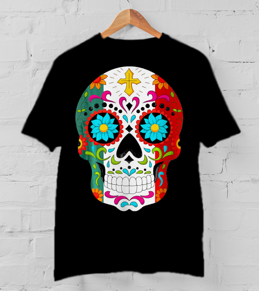 Day Of The Dead Sugar Skull Cinco De Mayo Mexican Flag Colors T-Shirt