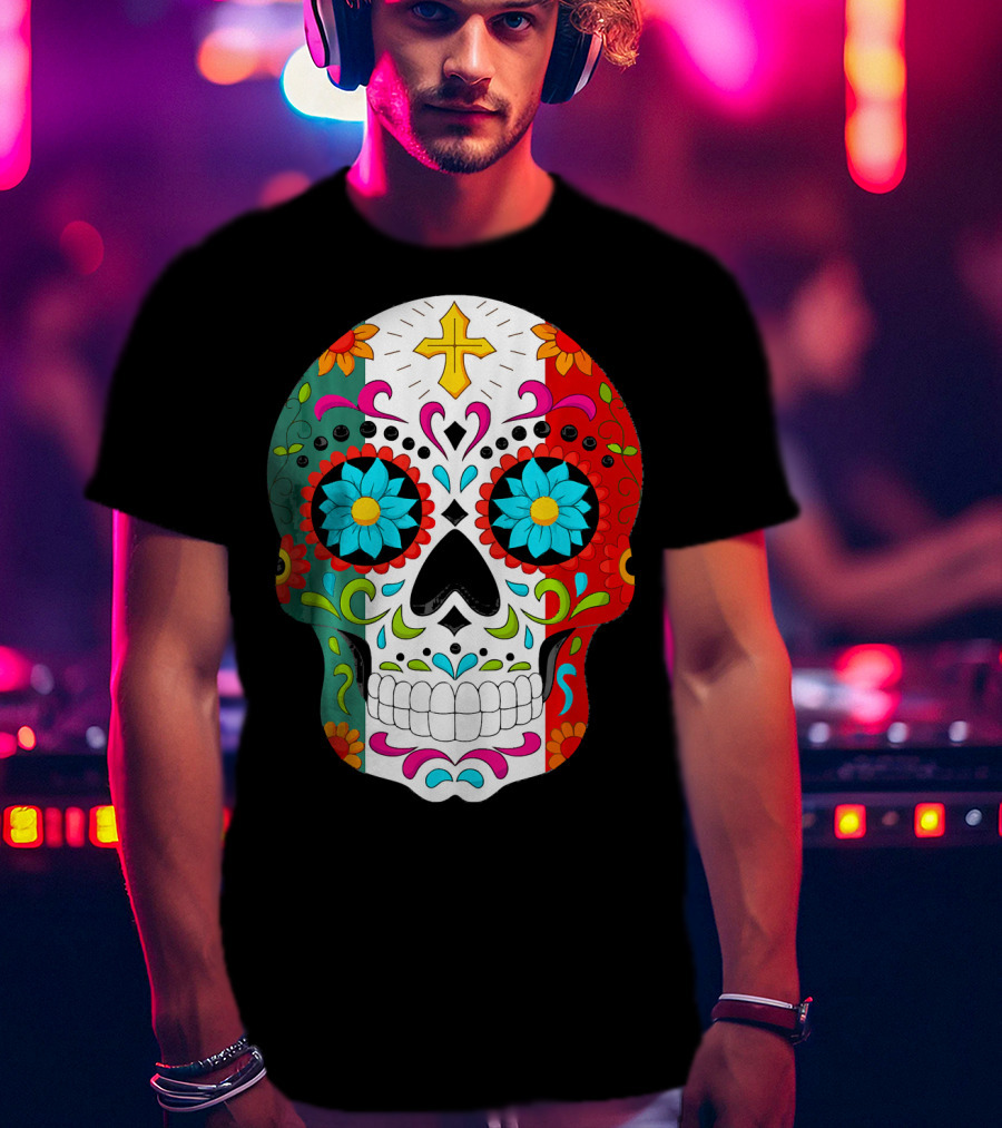 Day Of The Dead Sugar Skull Cinco De Mayo Mexican Flag Colors T-Shirt