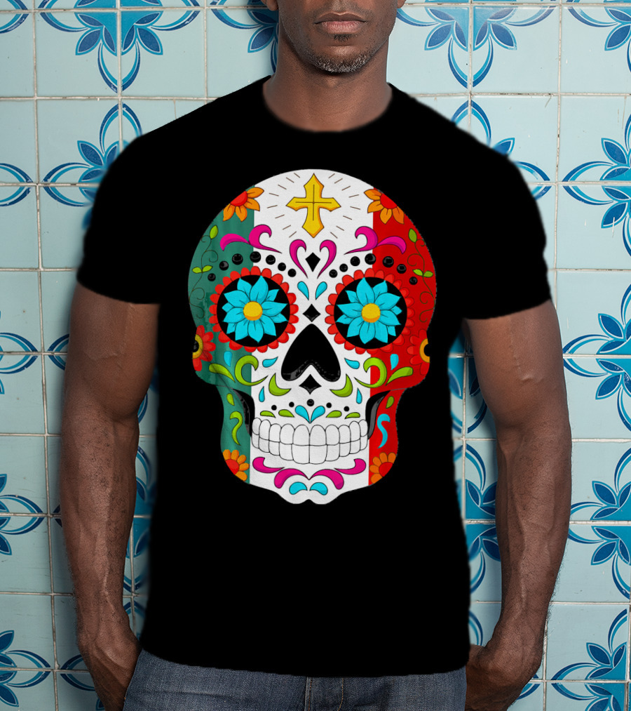Day Of The Dead Sugar Skull Cinco De Mayo Mexican Flag Colors T-Shirt