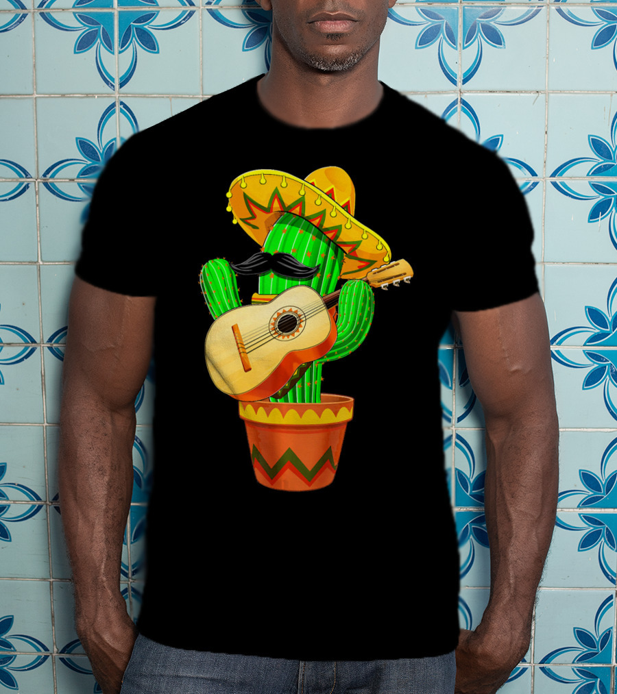 Cinco De Mayo Cactus With Sombrero And Guitar T-Shirt