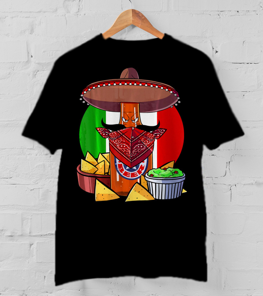Funny Cinco De Mayo Beer Bottle With Sombrero And Guacamole Fiesta Napkin Bandana T-Shirt