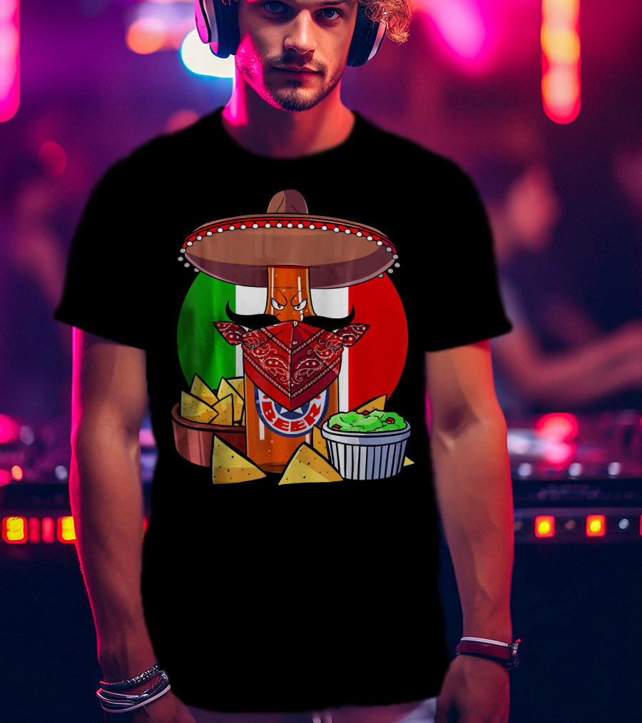 Funny Cinco De Mayo Beer Bottle With Sombrero And Guacamole Fiesta Napkin Bandana T-Shirt