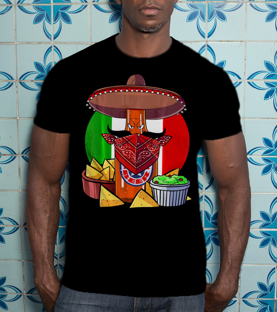 Funny Cinco De Mayo Beer Bottle With Sombrero And Guacamole Fiesta Napkin Bandana T-Shirt