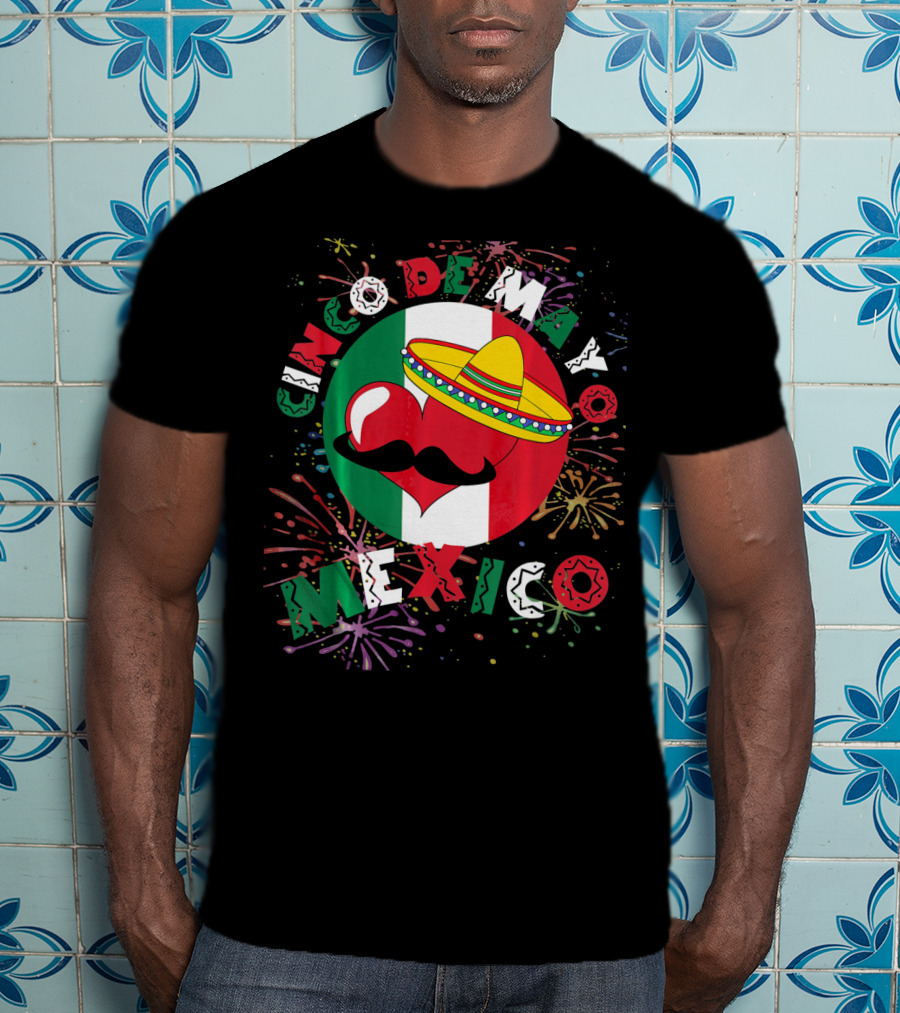 Cinco De Mayo Mexico Celebration Heart Sombrero Fireworks T-Shirt