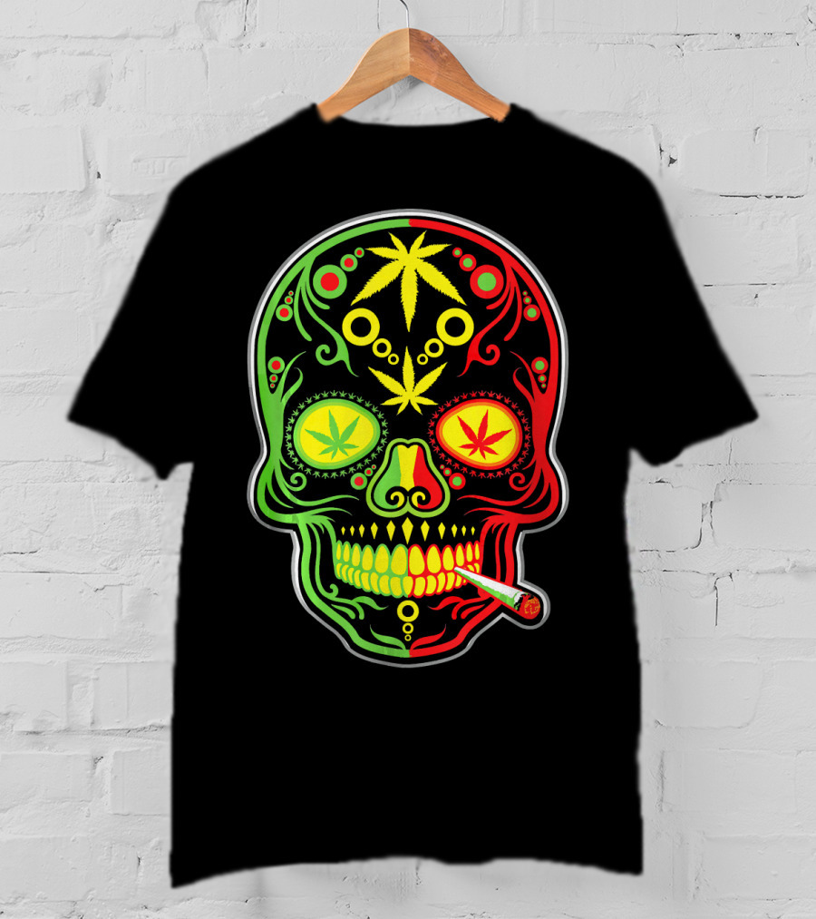 Weed Sugar Skull Marijuana Canna Rasta Colors T-Shirt