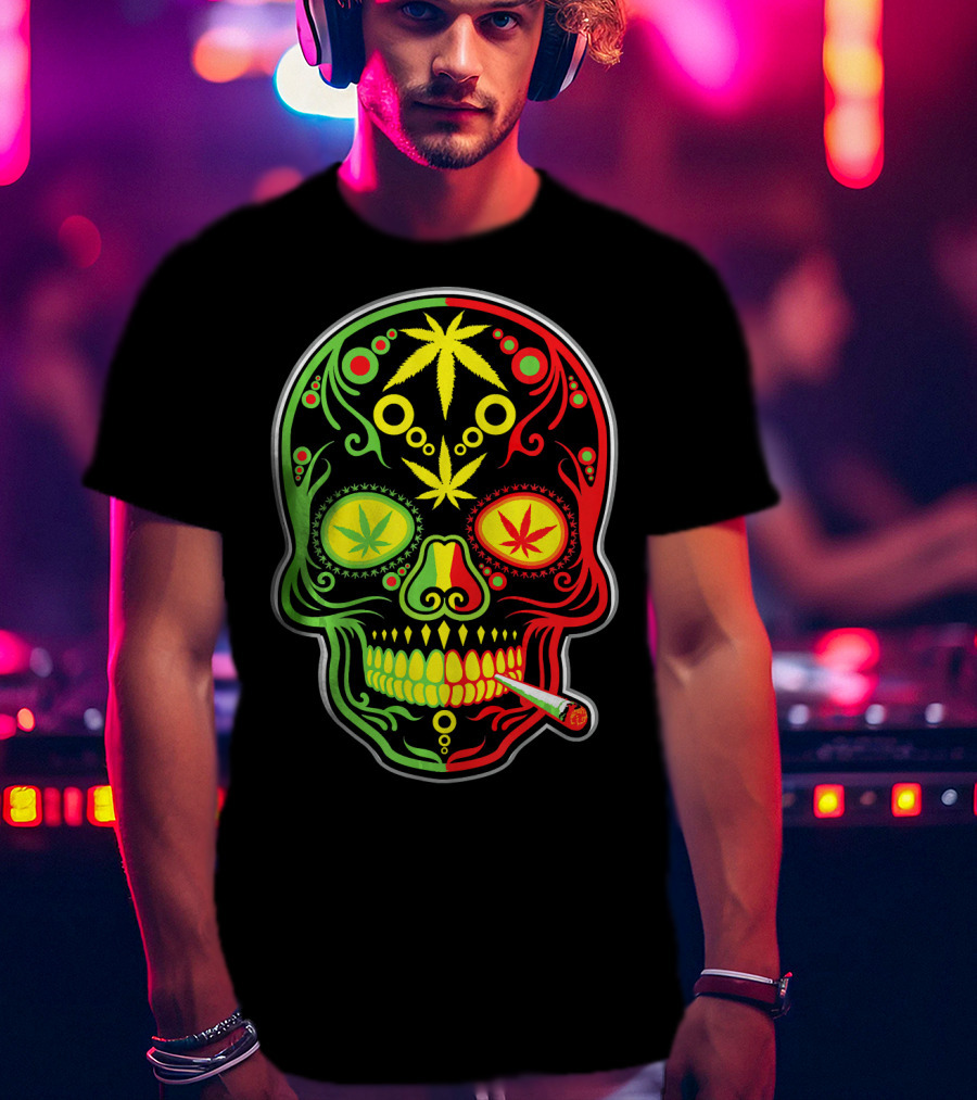 Weed Sugar Skull Marijuana Canna Rasta Colors T-Shirt