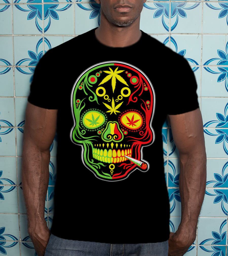 Weed Sugar Skull Marijuana Canna Rasta Colors T-Shirt