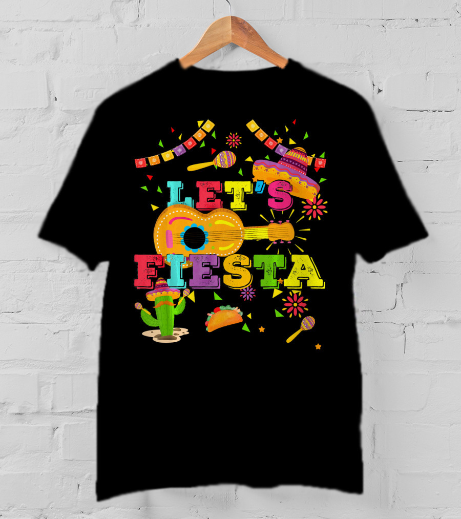 Let's Fiesta Cinco De Mayo Mexican Celebration Guitar Sombrero Maracas Taco Cactus Decorations T-Shirt