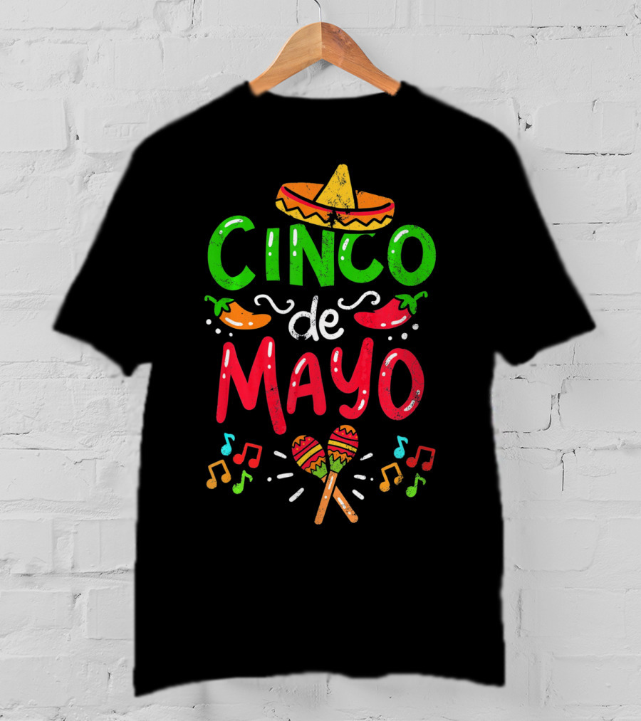 Cinco De Mayo Mexico Sombrero Maracas Peppers Music Notes T-Shirt