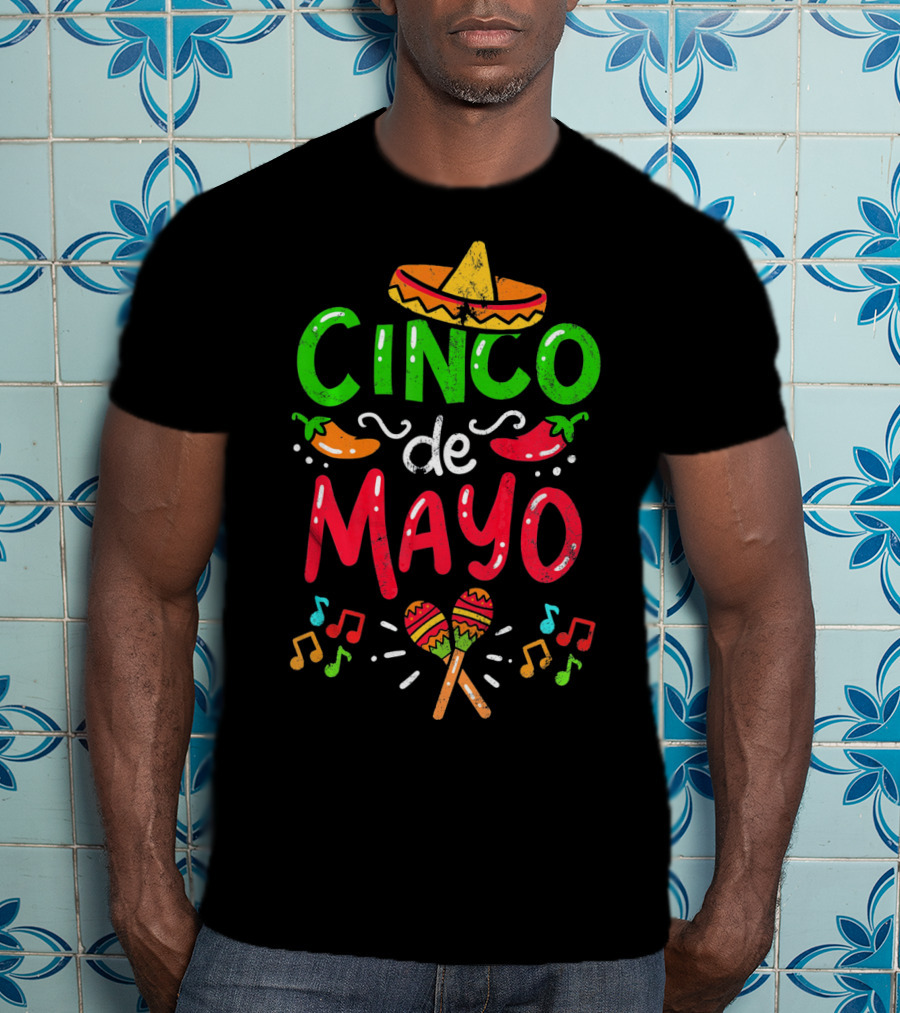Cinco De Mayo Mexico Sombrero Maracas Peppers Music Notes T-Shirt