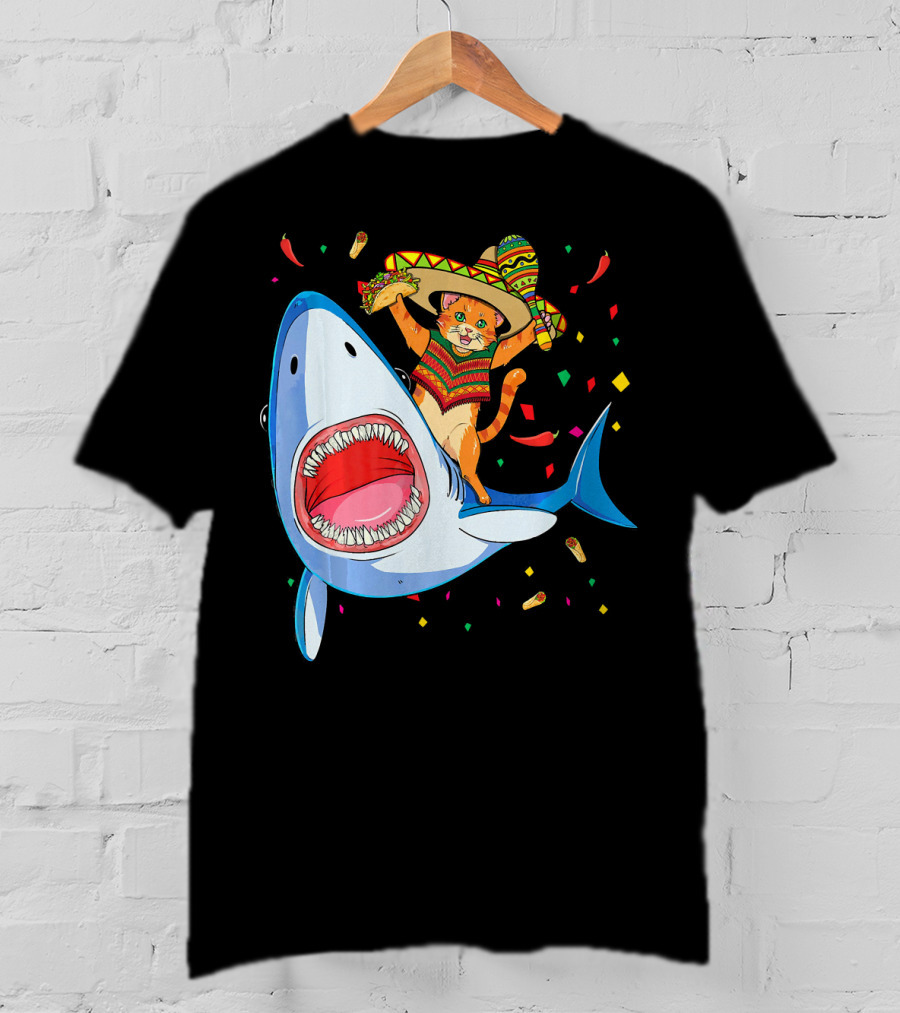 Funny Taco Cat Riding Shark Cinco De Mayo Sombrero T-Shirt