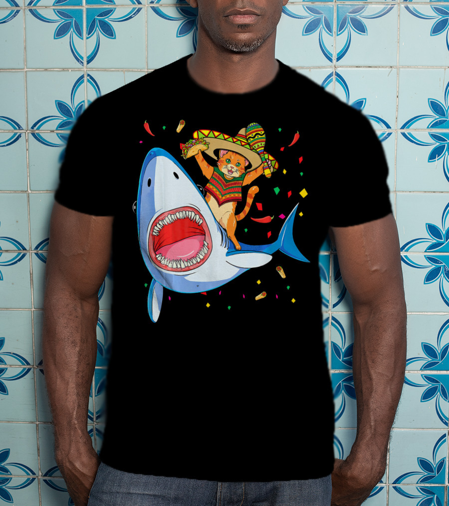 Funny Taco Cat Riding Shark Cinco De Mayo Sombrero T-Shirt