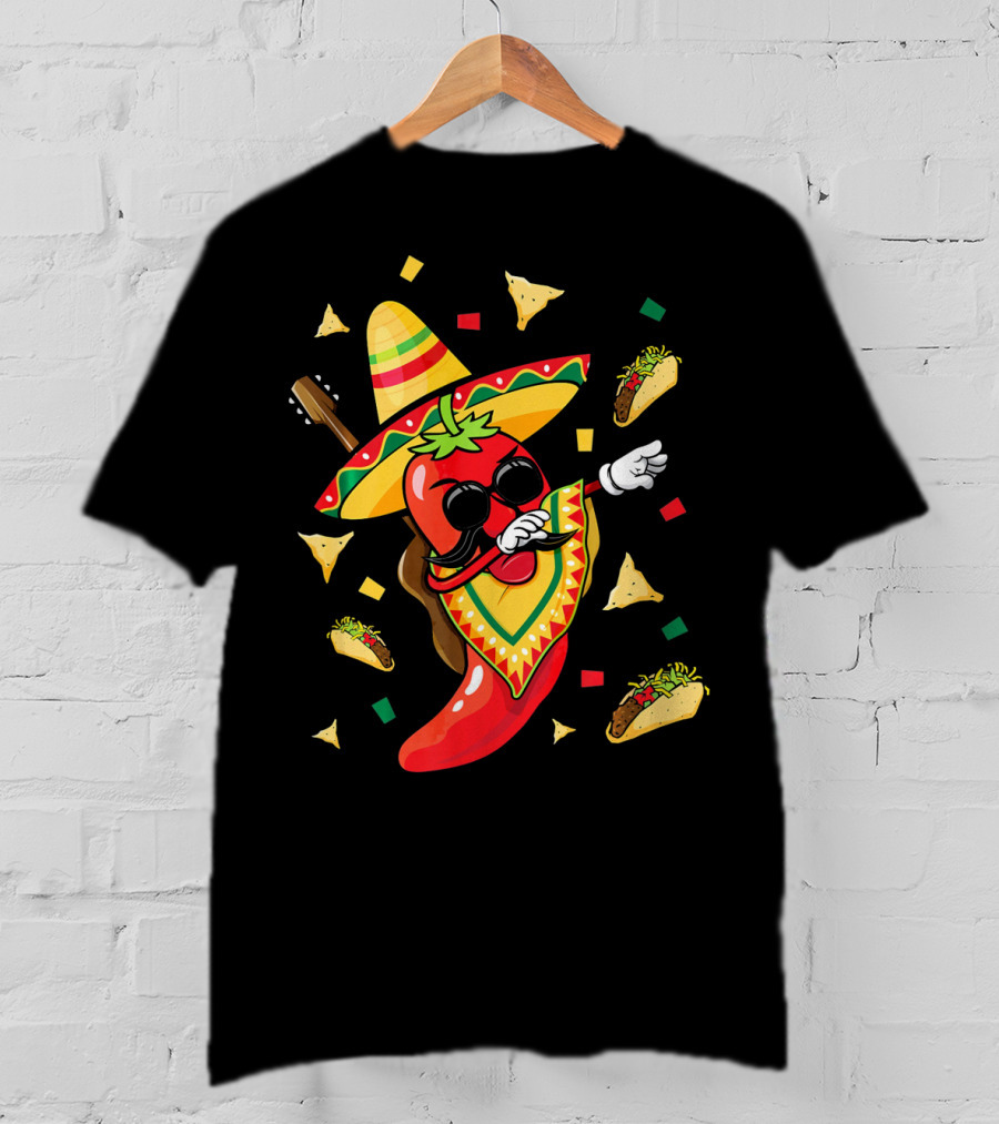 Mexican Sombrero Dabbing Jalapeno With Tacos And Nachos Fiesta Explosion T-Shirt