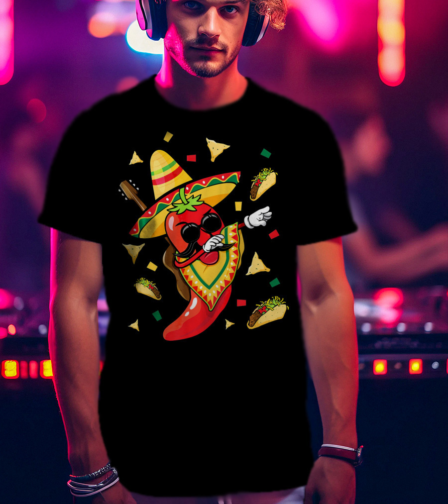 Mexican Sombrero Dabbing Jalapeno With Tacos And Nachos Fiesta Explosion T-Shirt