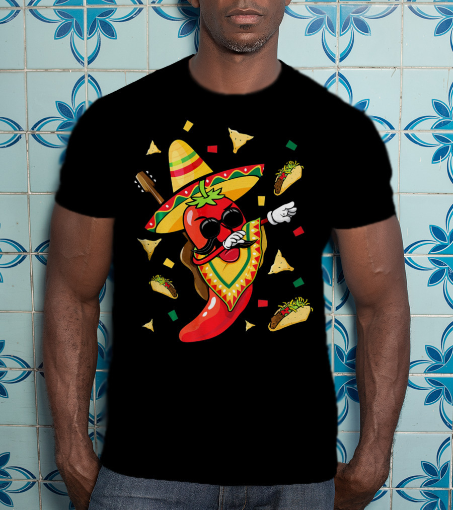 Mexican Sombrero Dabbing Jalapeno With Tacos And Nachos Fiesta Explosion T-Shirt